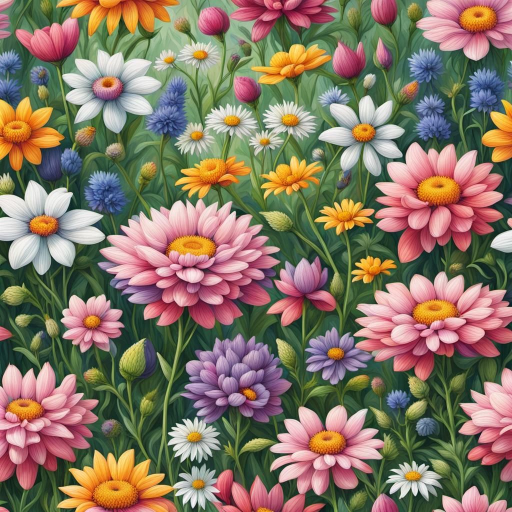 Hyperdetailed Blooming Flowers Meadow