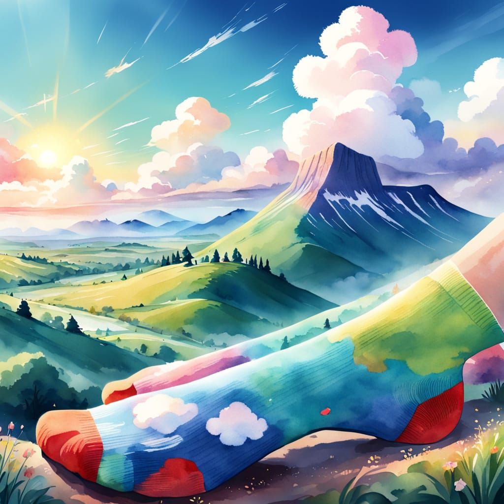 Whimsical Watercolor Landscape Illustration on Socks