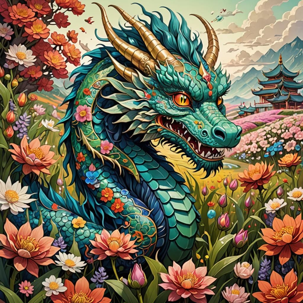 Flower Dragon in Fantasy Wonderland: Anime Art