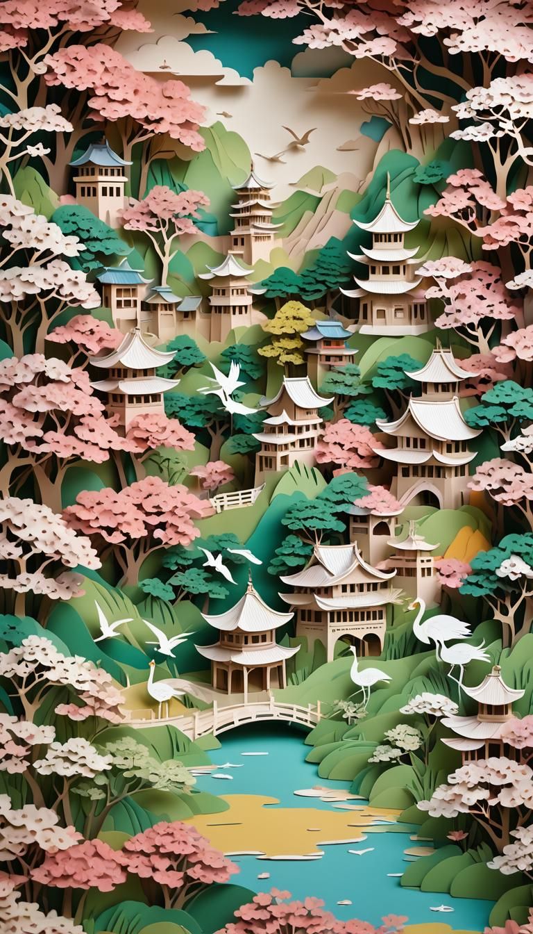 A vibrant panorama kirigami landscape with Kirigami crane, k...