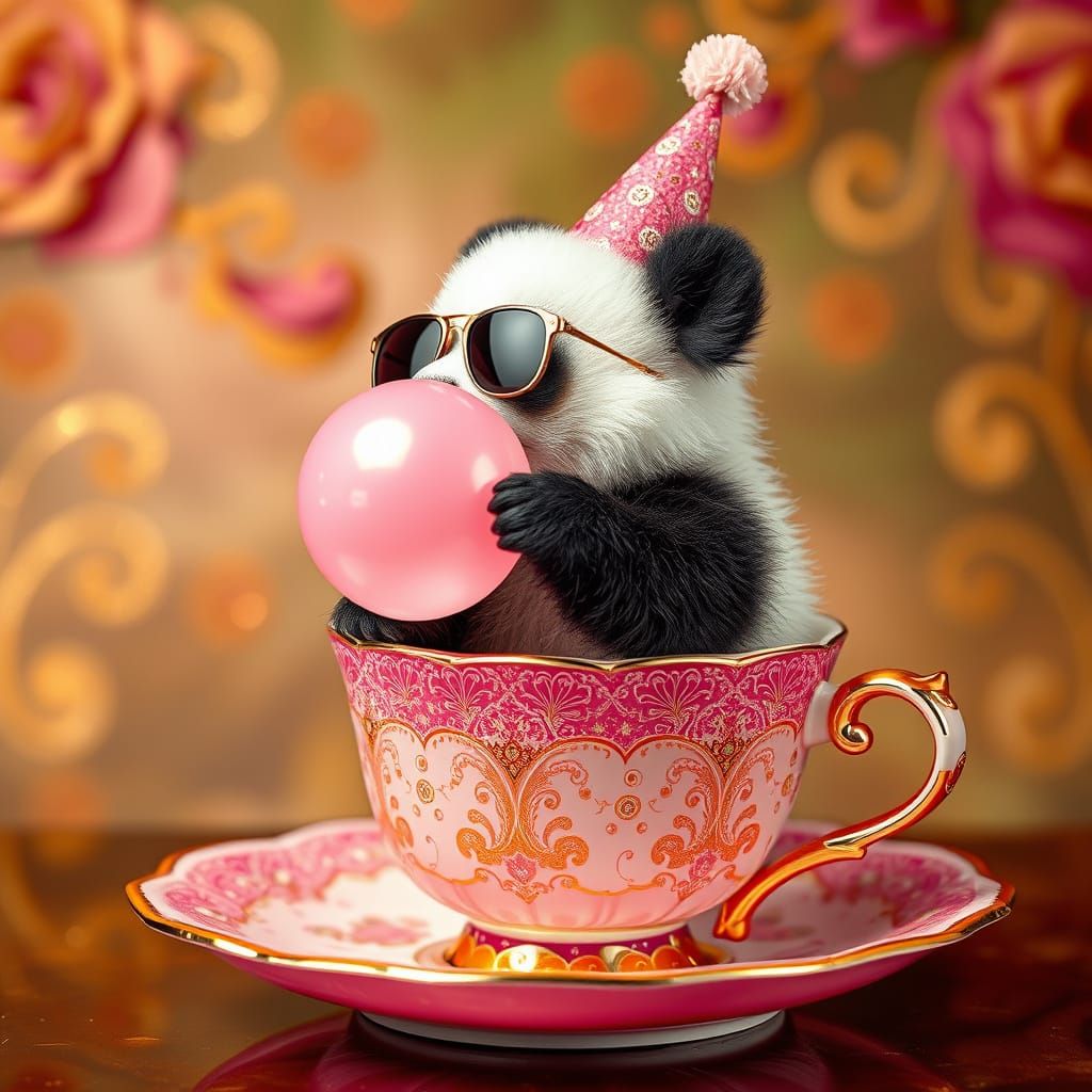 Cute Panda in Rococo Tea Cup Blowing Pink Bubblegum