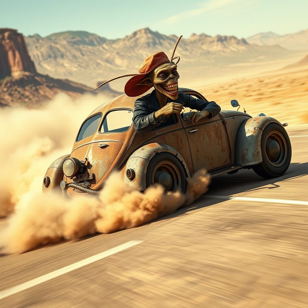 Rusted Rat Rod Speeds Down Desert Highway with Alien Driver