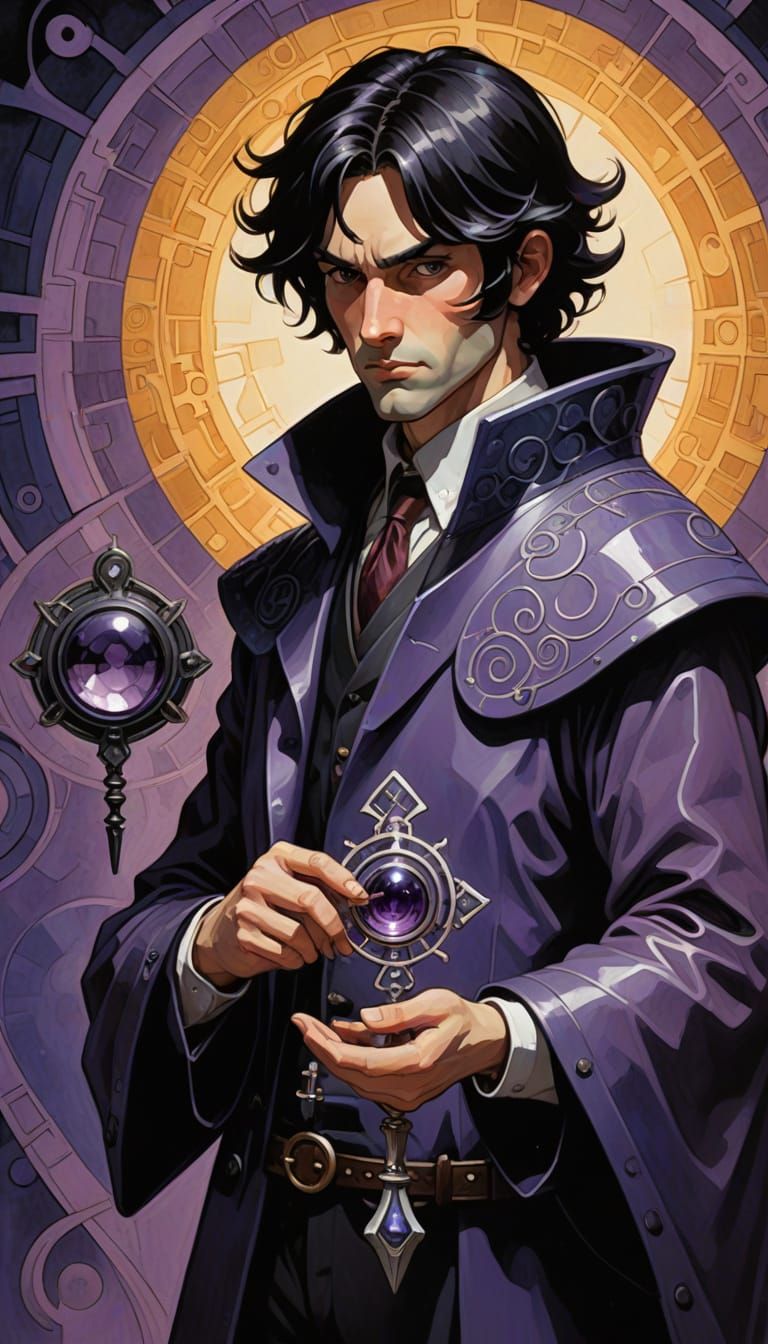 Magician Holding Obsidian Key in Surrealist Ink Drawing