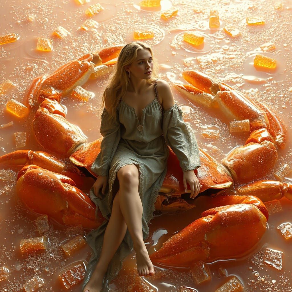 Golden Haired Woman on Gummy Crab in Soda Sea
