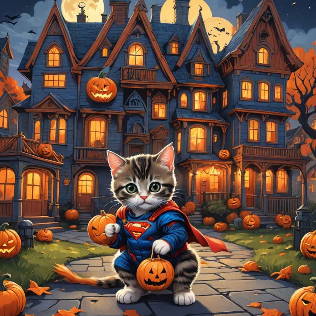 Kitten Superman Trick-or-Treating in Digital Art