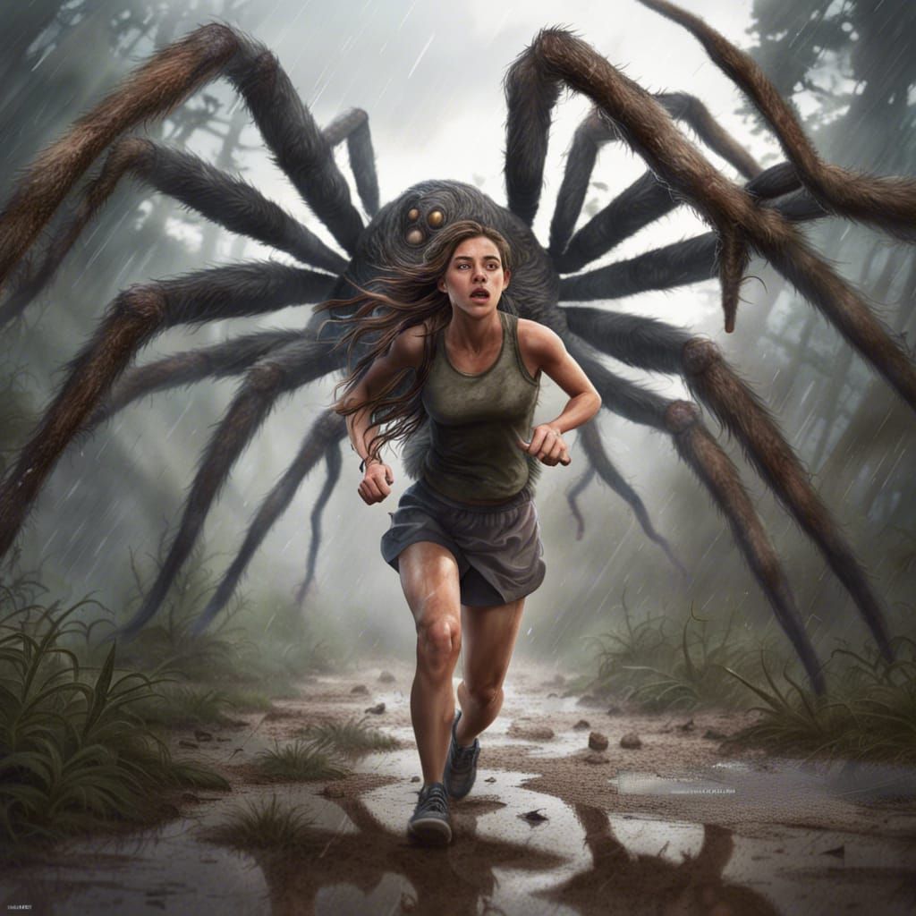 College Girl Running Away From a Giant Spider in a Isolated Forest