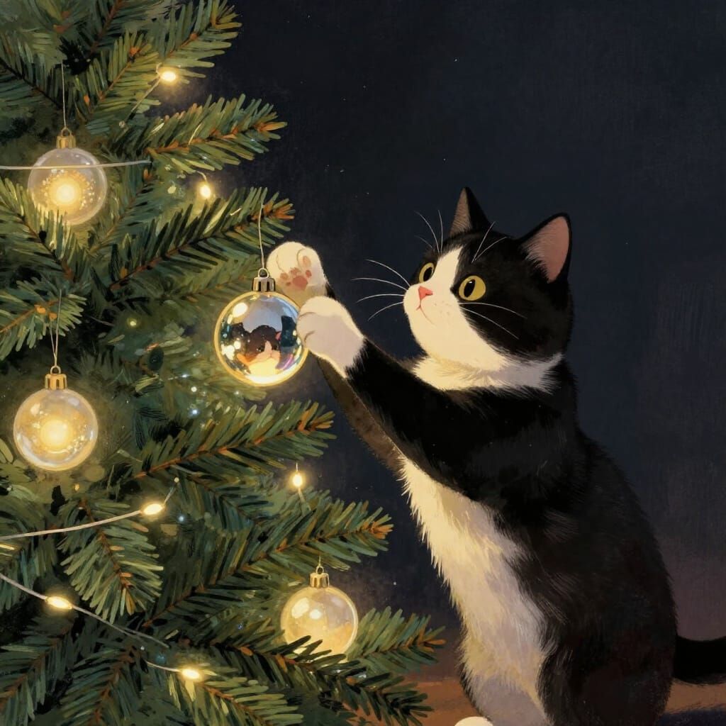 Tuxedo Cat Plays with Glowing Christmas Tree Reflection
