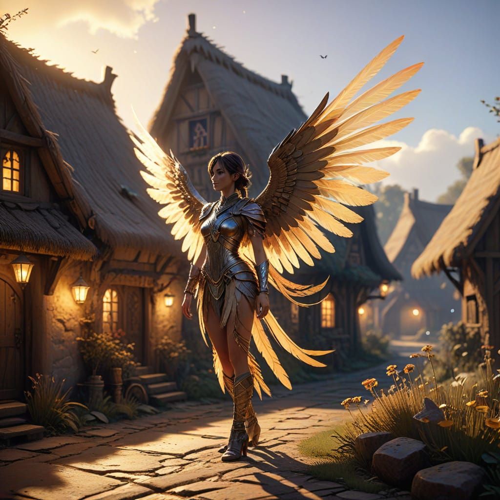 Fantasy Villager Soars Amidst Whimsical Village