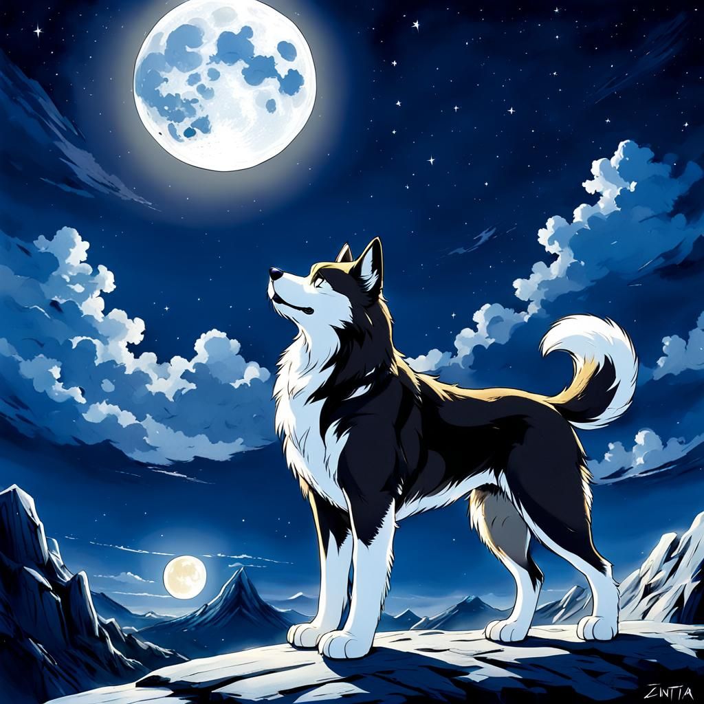 Balto Observes the Moon in Anime Style