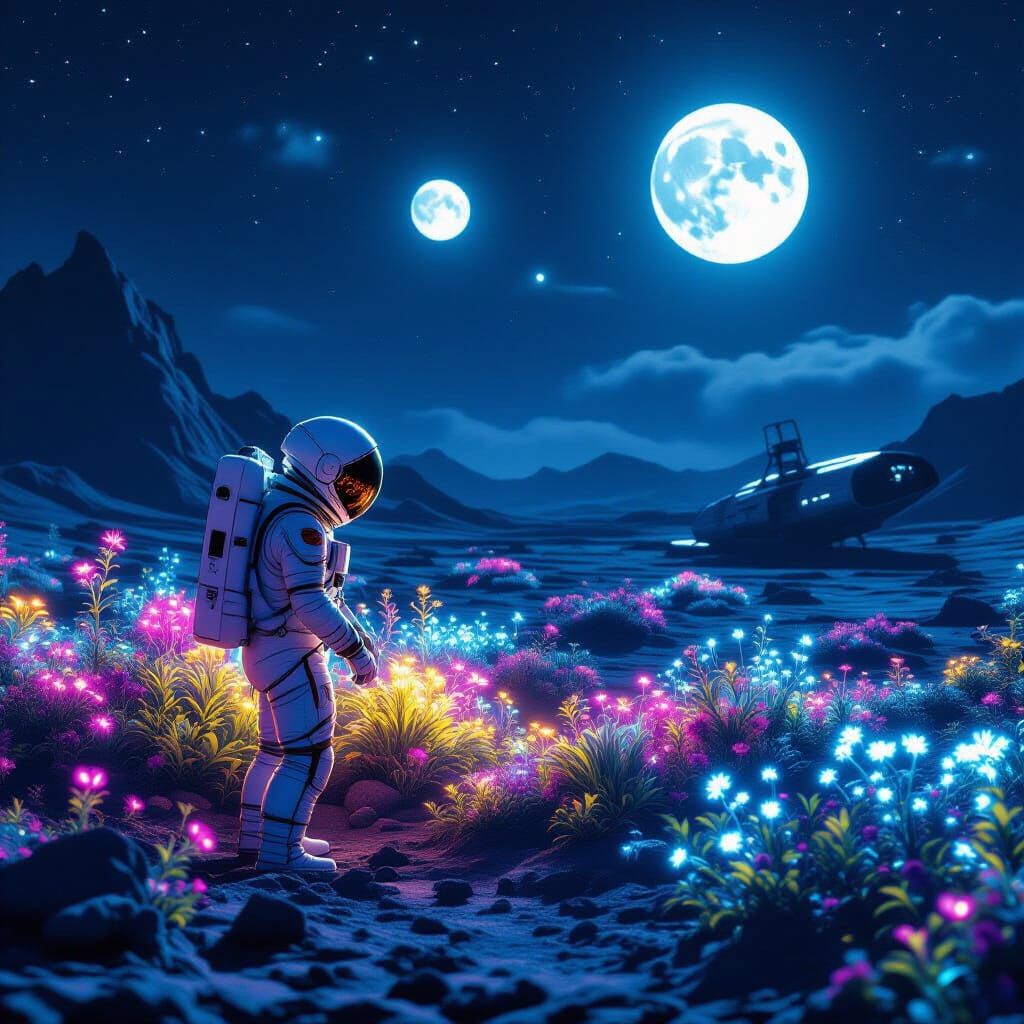 Astronaut Tends Alien Bioluminescent Garden Under Twin Moons