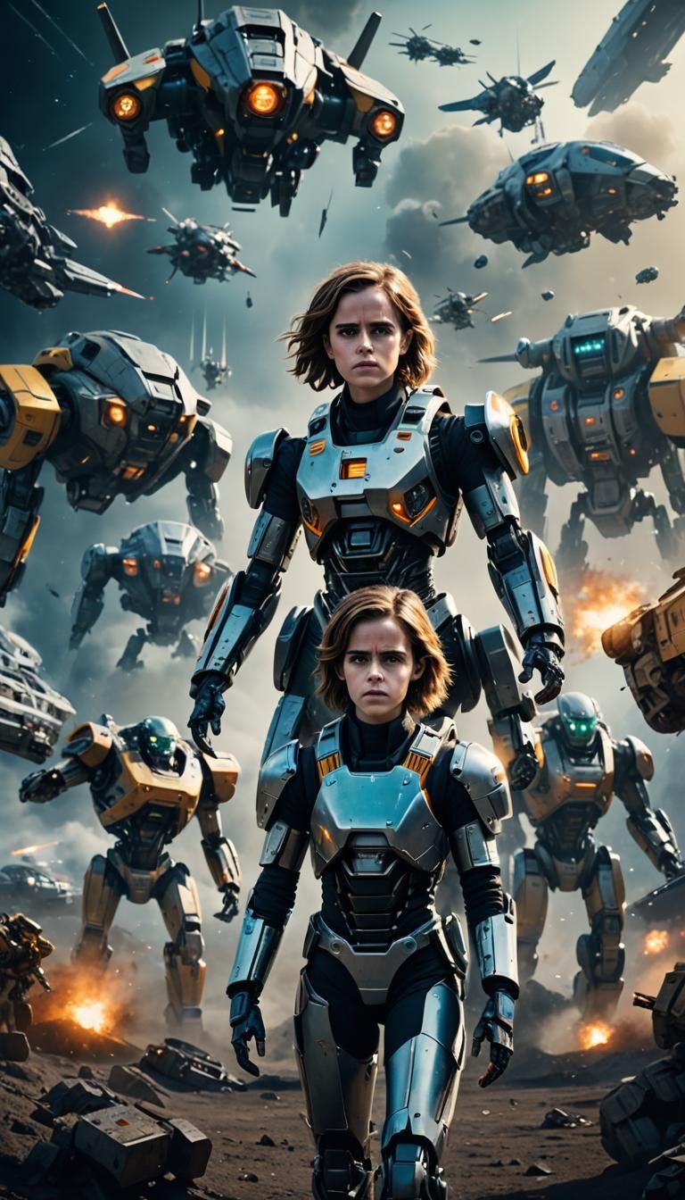 Movie poster of sci-fi film with robots and spaceships starring Emma Watson, Cinematic film still, color graded, post-pr...