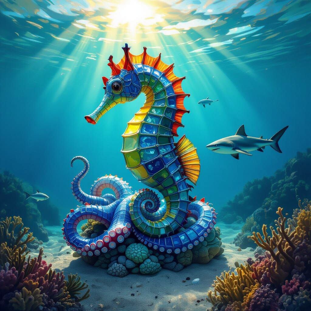 Sea Glass Seahorse Sculpture with Octopus and Shark