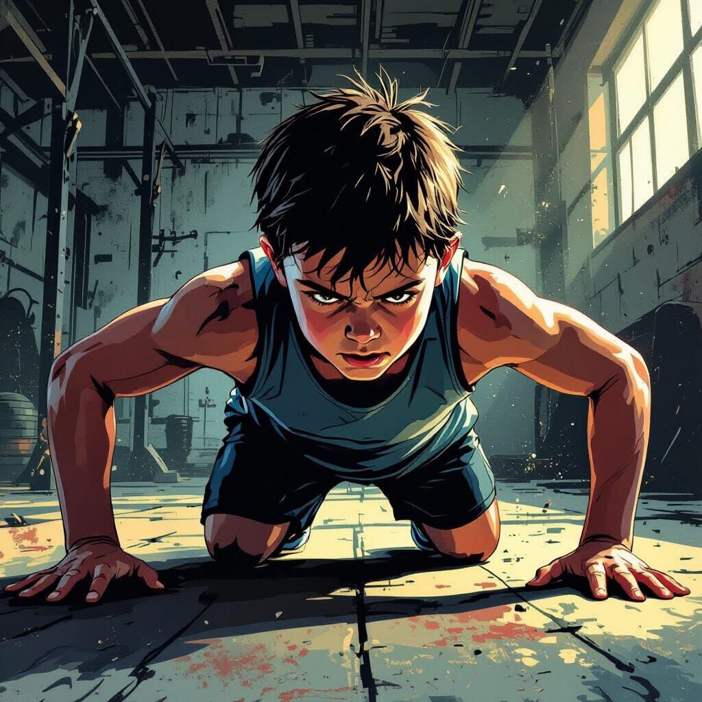Boy's Intense Push-Up Training in Gritty Comic Style