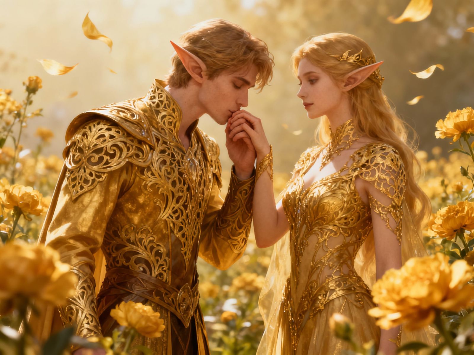 Elf Couple's Golden Garden Romance