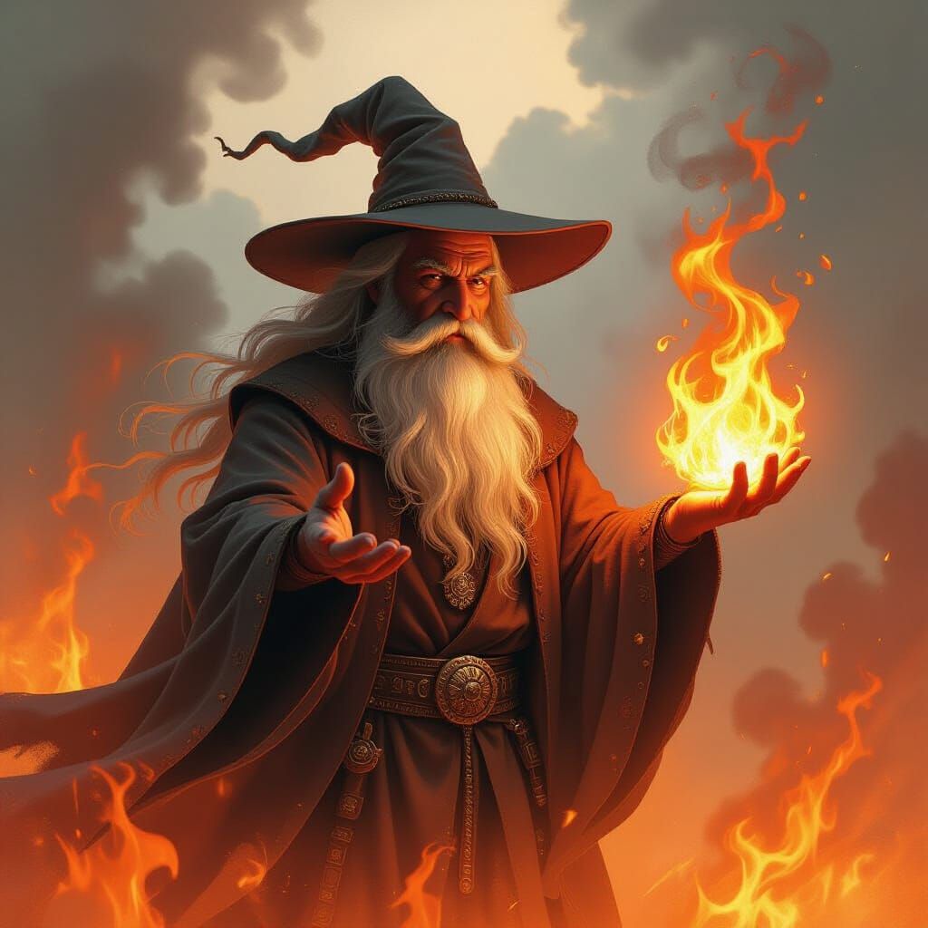 Wizard Conjuring Fire Magic in Fantasy Art Style