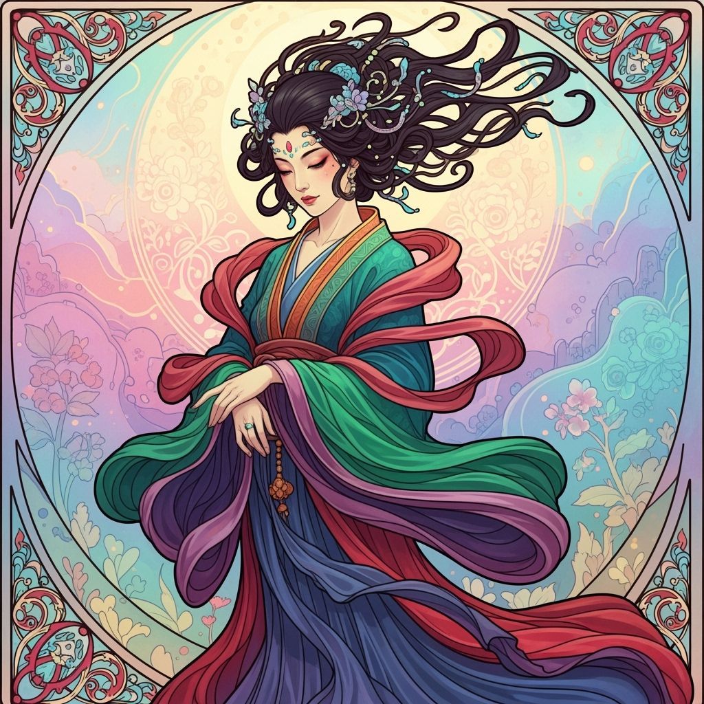 Ethereal Asian Woman in Flowing Jewel-Toned Robes