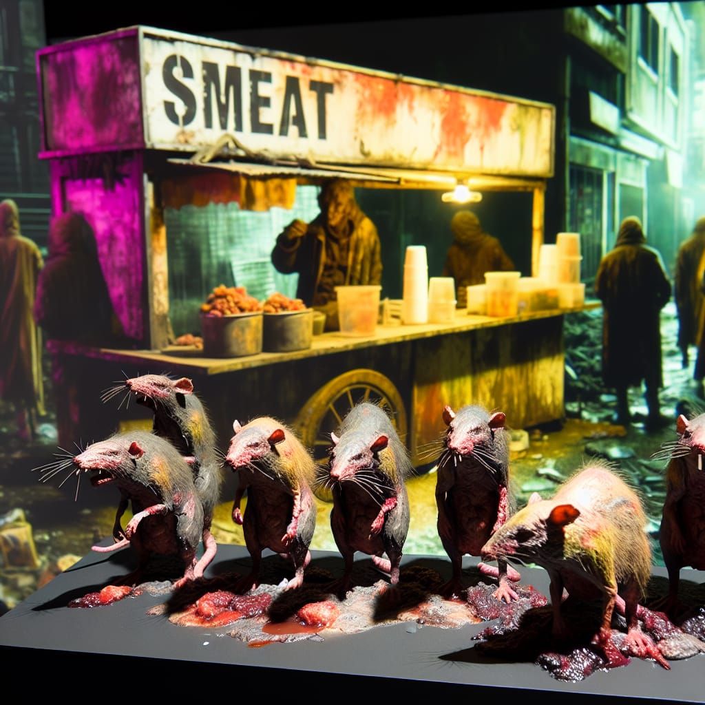 Hyperrealistic Rats Queue for Smeat in Gloomy City