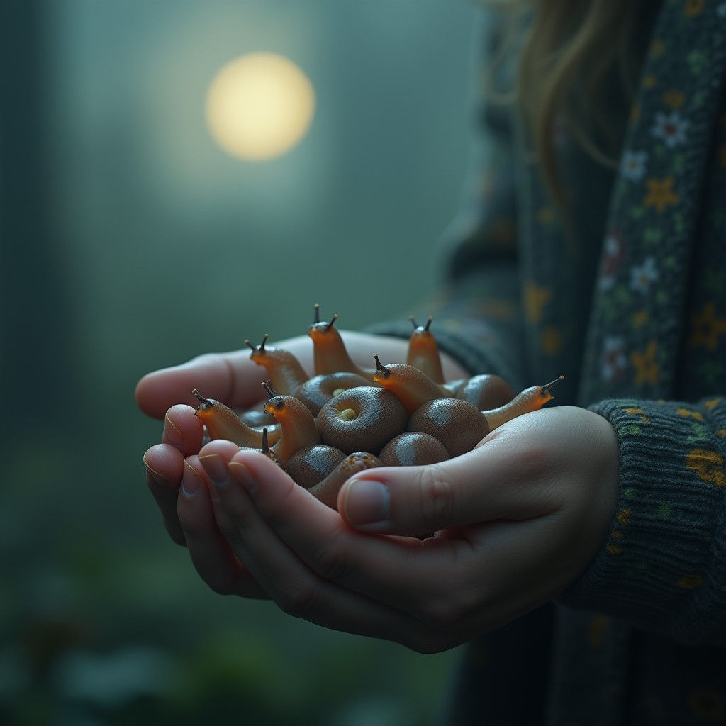 Person Cradling Slugs in Misty Moonlight Garden
