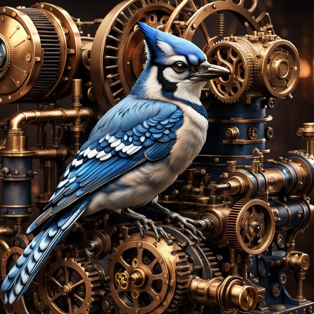 Steampunk Blue Jay with Cat Features on Engine