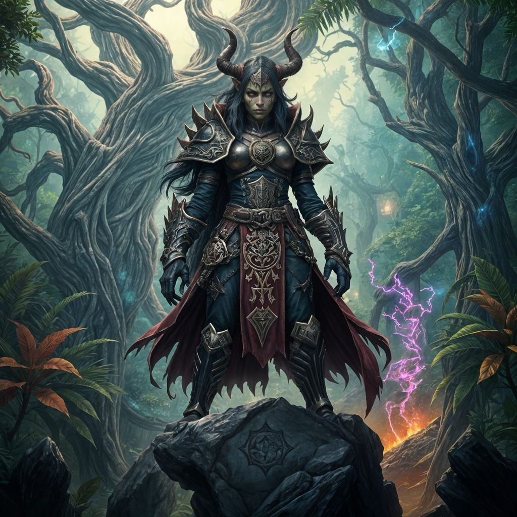 Epic Half Orc Warlock Commander in Jungle Landscape