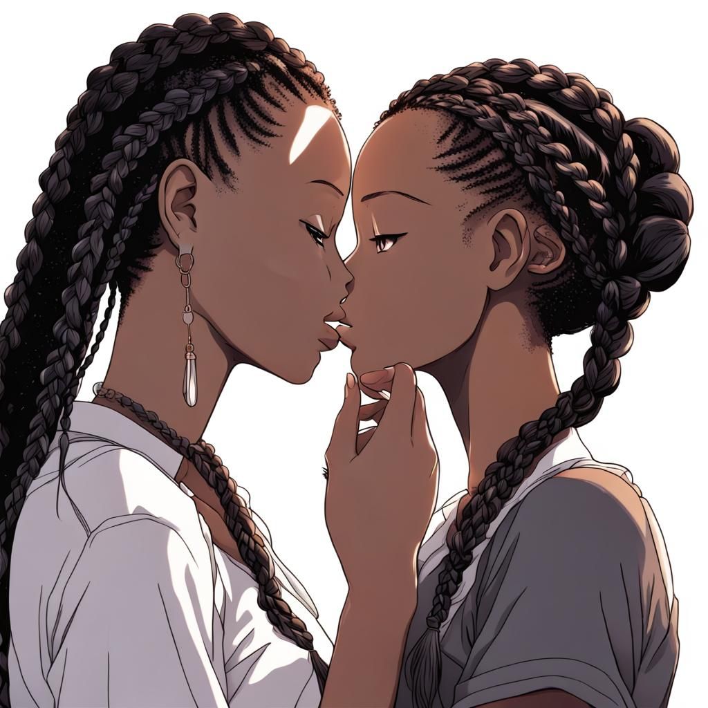 Black Woman with Braids Kissing White Woman: Anime Style