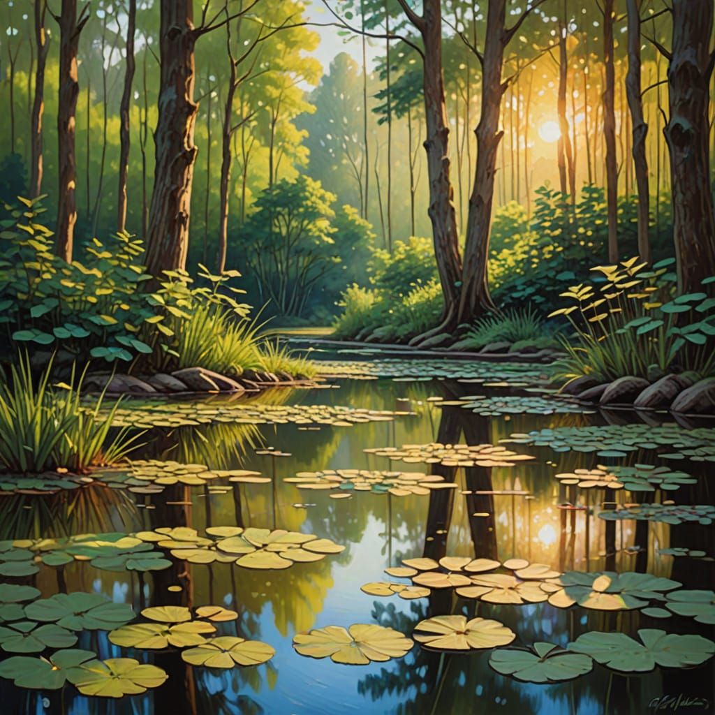 Impressionist Pond in the Woods at Golden Hour