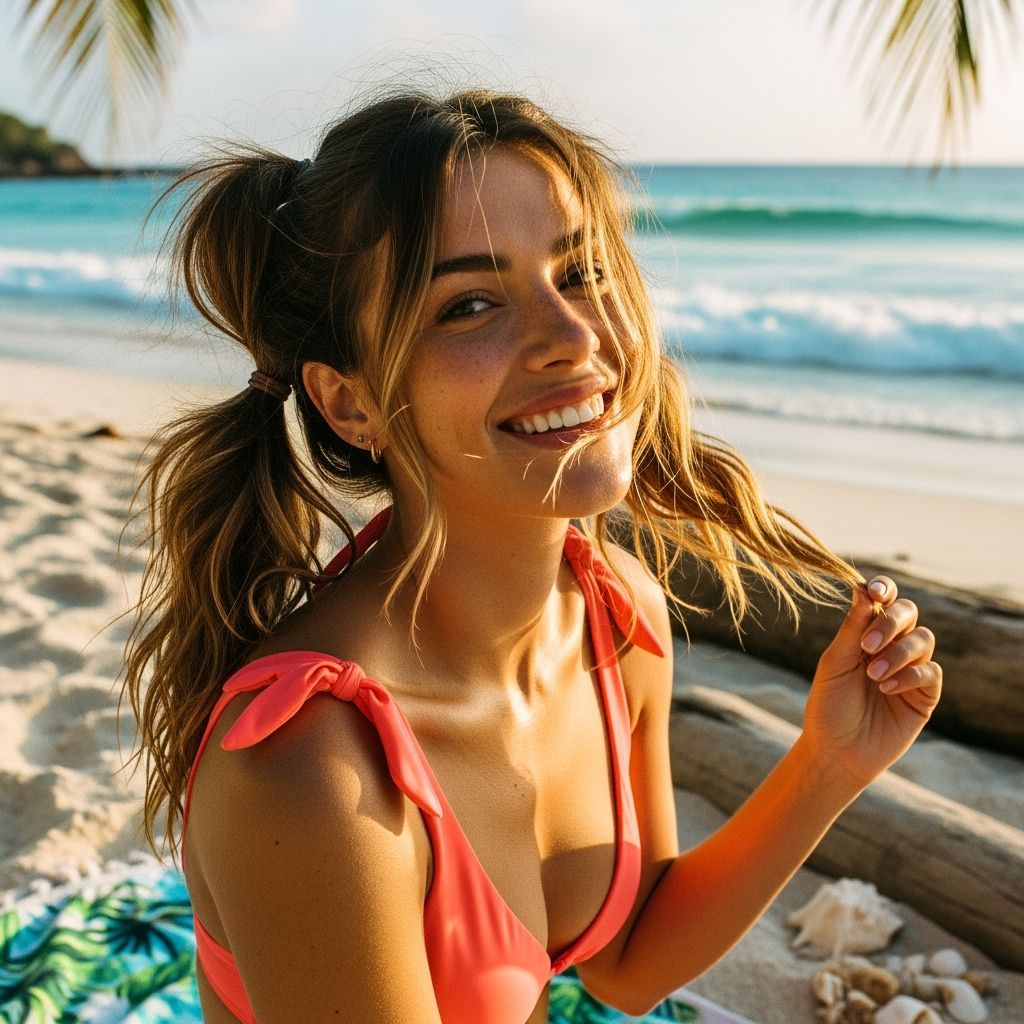 Joyful Woman on Tropical Beach at Golden Hour