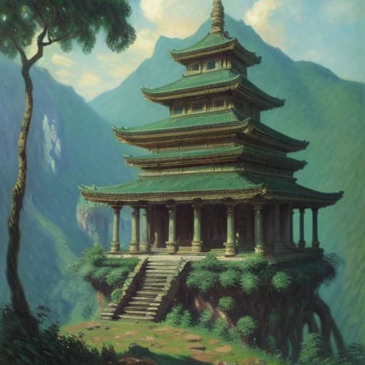 Jungle Temple in Impressionist Style