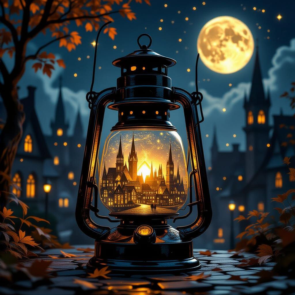 Gothic City Inside Vintage Lantern, Fantasy Concept Art