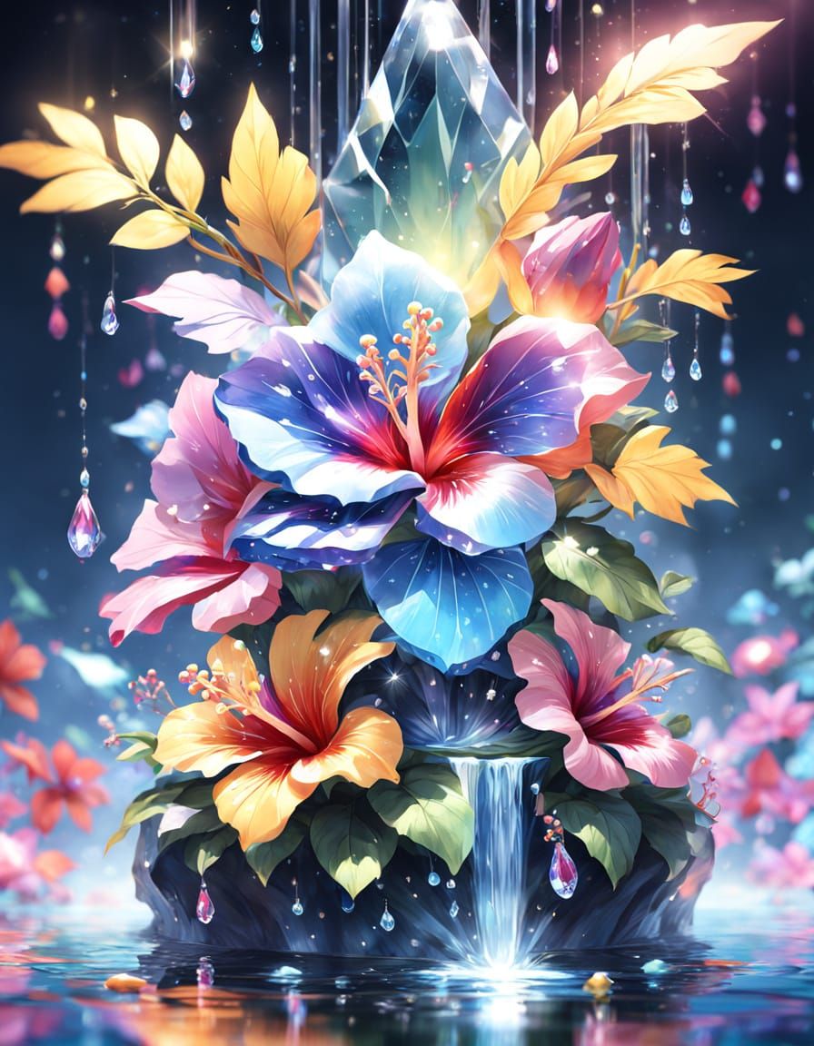 Crystal Waterfall with Rainbow Hibiscus Flowers in 3D Anime ...