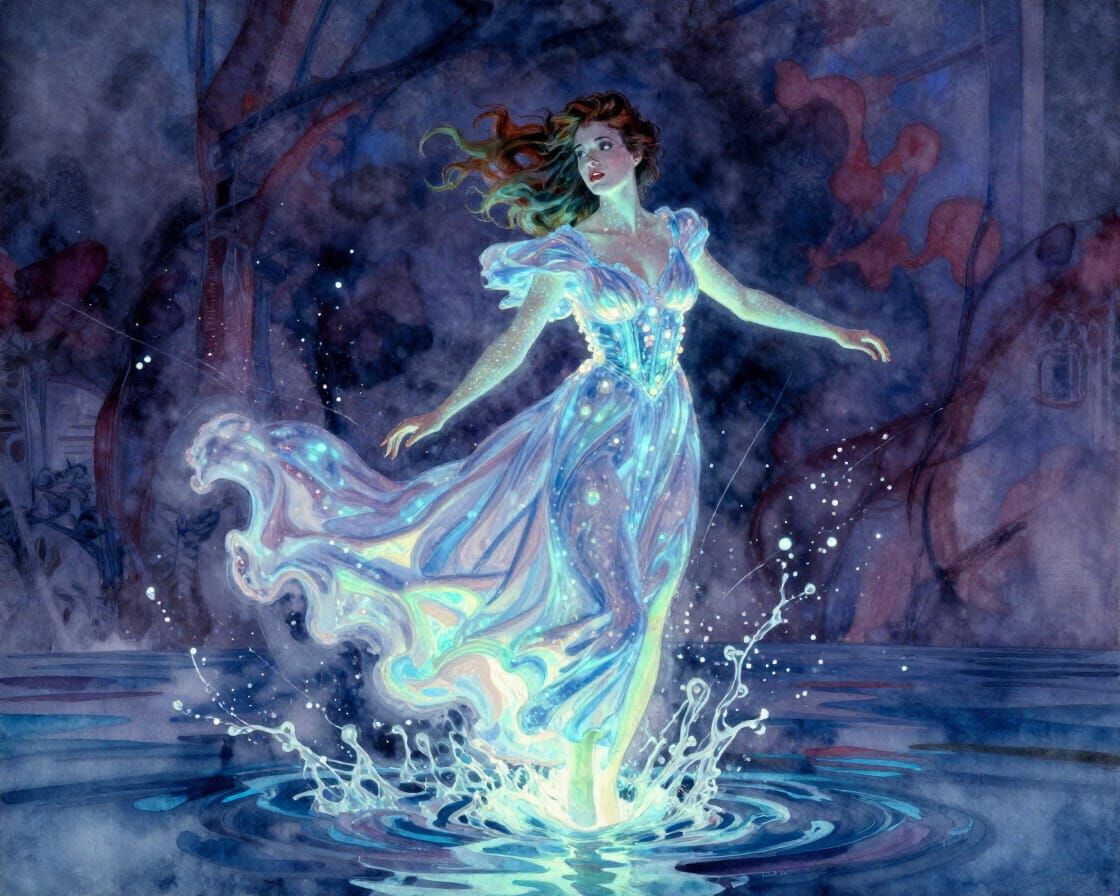 Bioluminescent Woman in Ballroom Dress Hovers Over Water