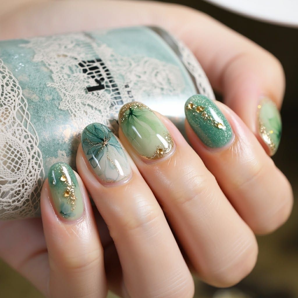 Lace and Floral Nail Art with Gold Details