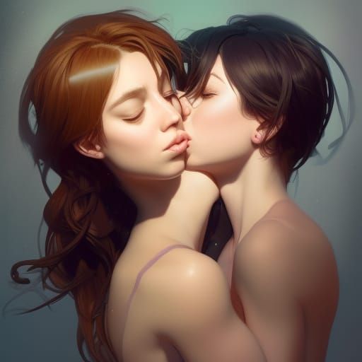 Cat-Girls Kissing: Hyperdetailed Portrait in Anime Style