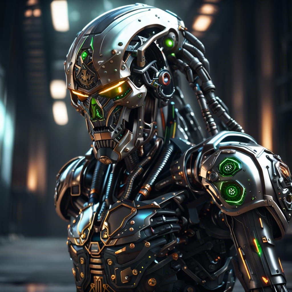 a masterpiece, photorealistic, giant necron cyborg, ground l...