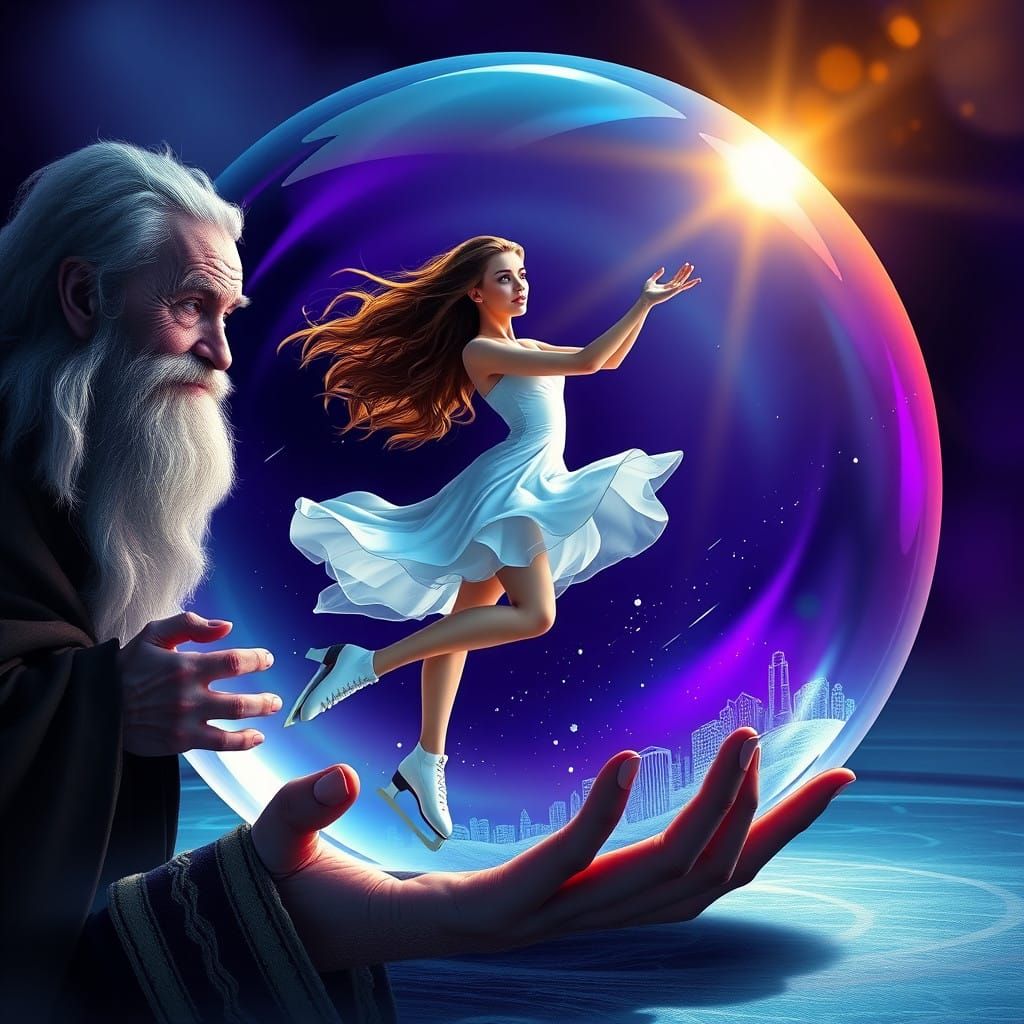Ethereal Ice Skater Reflected in Crystal Ball with Blackligh...