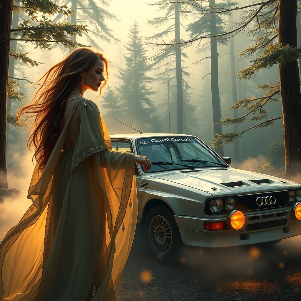 Serene Woman in Ethereal Forest with Vintage Audi Quattro Sp...