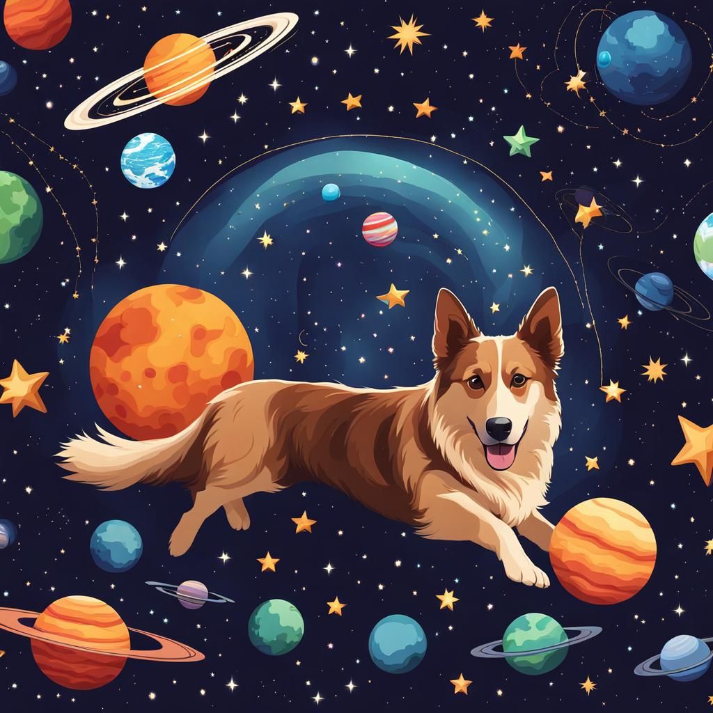 Dog Astronaut Drifting Through Starry Space
