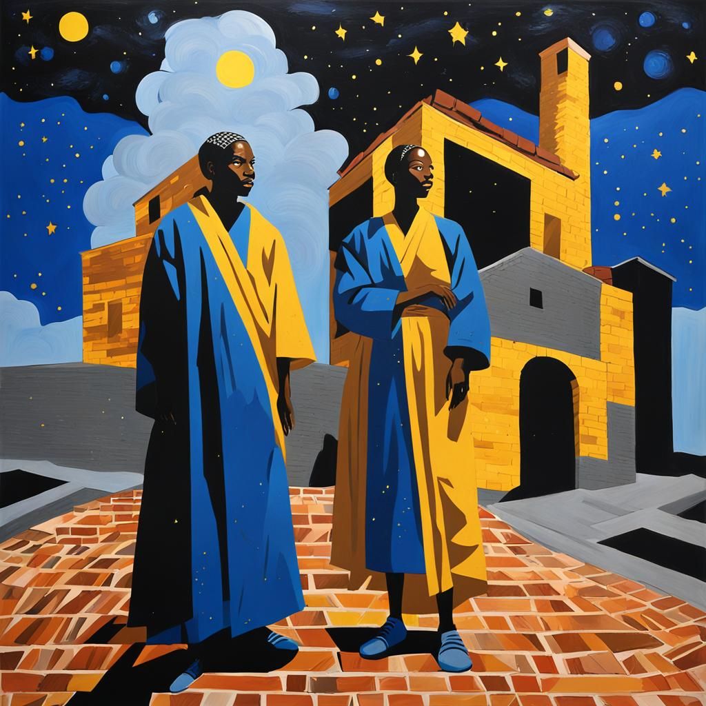 Monochromatic Cubist Stargazers in Jacob Lawrence Style