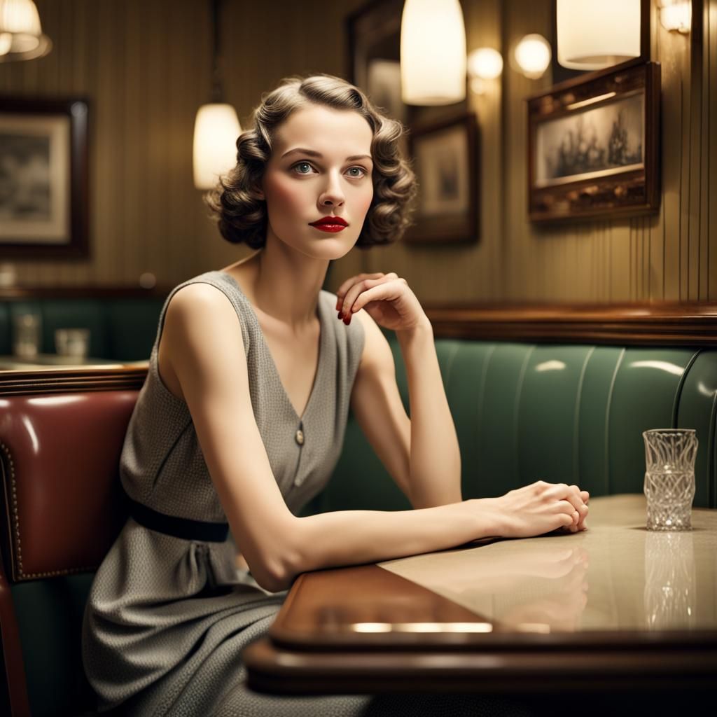 1930s Girl in Art Deco Restaurant, Soft Lighting