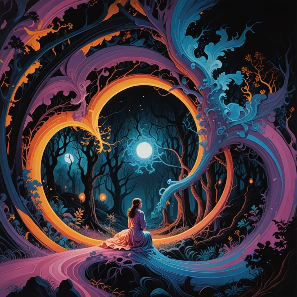 Surrealist Woman Prays in Dreamlike Forest Scene