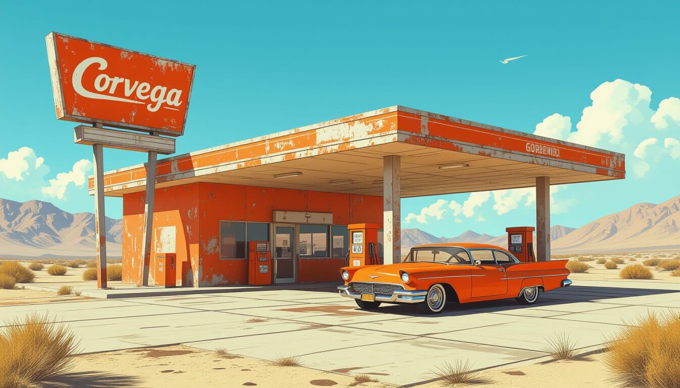 The gas station in the Mojave desert in orange color, with faded orange bigboard for a Corvega cars, Fallout universe, R...