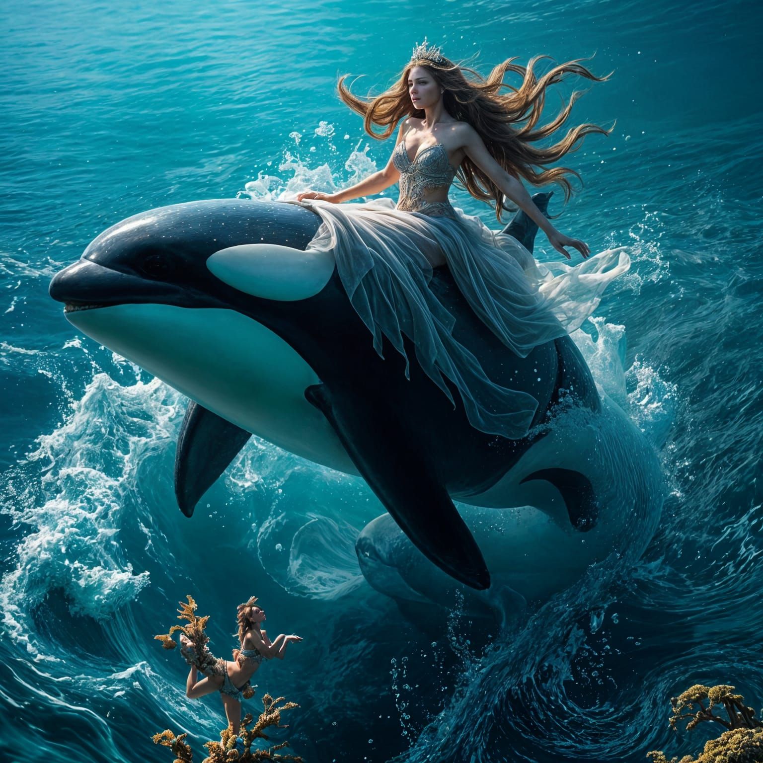Sea Goddess Riding Orca in Hyperrealistic Detail