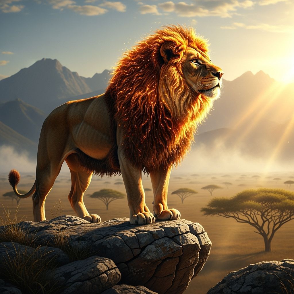 Fiery Lion Overlooking Savanna in Digital Painting Style