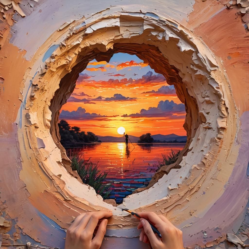 Paradise Sunset Through Hole: Expressionist Oil Painting