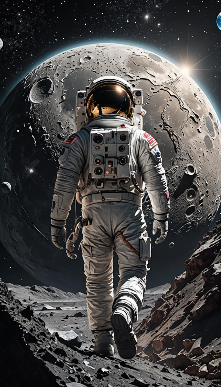Astronaut Among Moon and Stars: 3D AMOLED Wallpaper