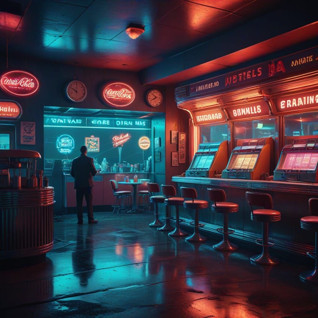 Surreal 1950s Diner in Cyberpunk Style with Melting Clocks
