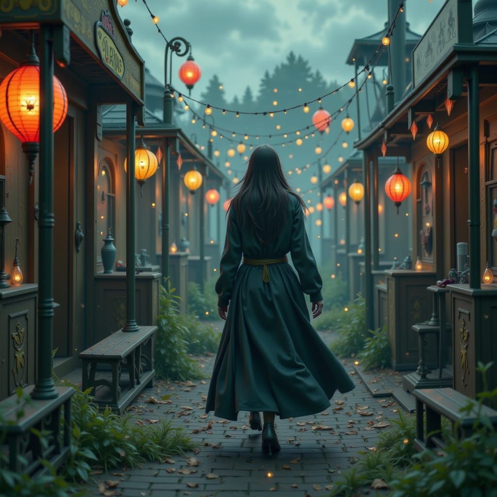 Mystical Woman in Abandoned Carnival at Dusk