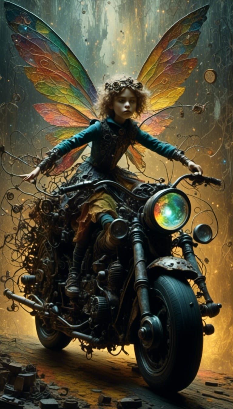 Fairy Godmother on Aether Motorcycle in Grunge Art