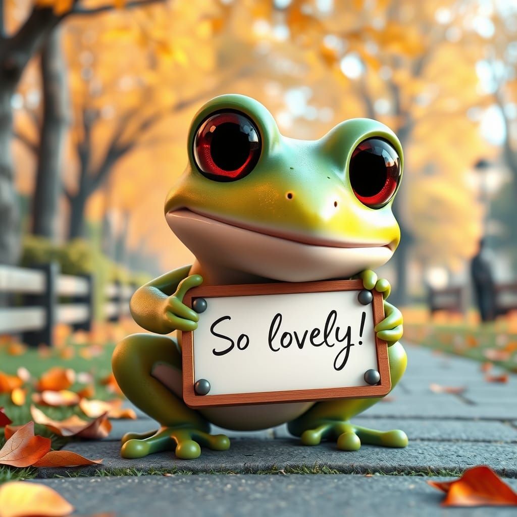 Adorable Pixar-Style Frog Holds "So Lovely!" Sign