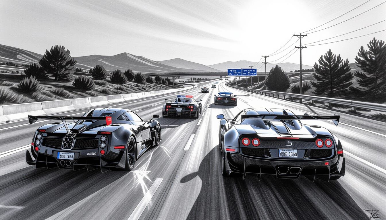 Supercars Race on Highway in Dramatic Charcoal Style